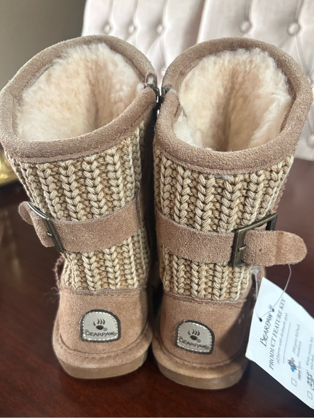 BearPaw Kids Tan Suede Knit-Trim Buckle Winter Boots Size 11 Brand New With Tags - Picture 2 of 12